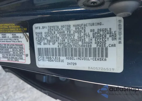 2004 Toyota Camry Se V6 z USA, uszkodzony, nr VIN 4T1BA32K74U500480
